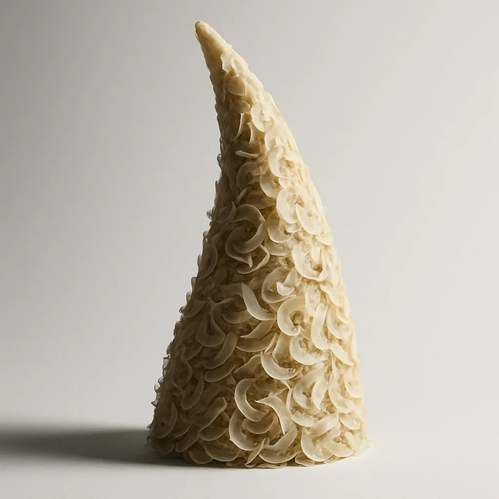 A rhinoceros horn sculpted entirely from human nail clippings.