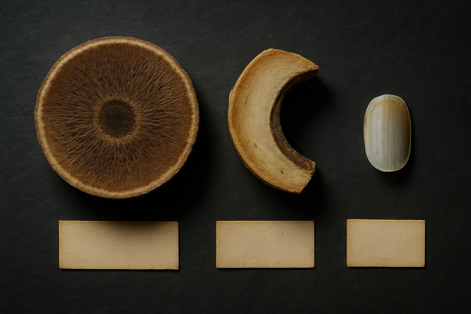 Three specimens on dark slate: a cross-section of rhino horn, a horse hoof paring, and a human nail.