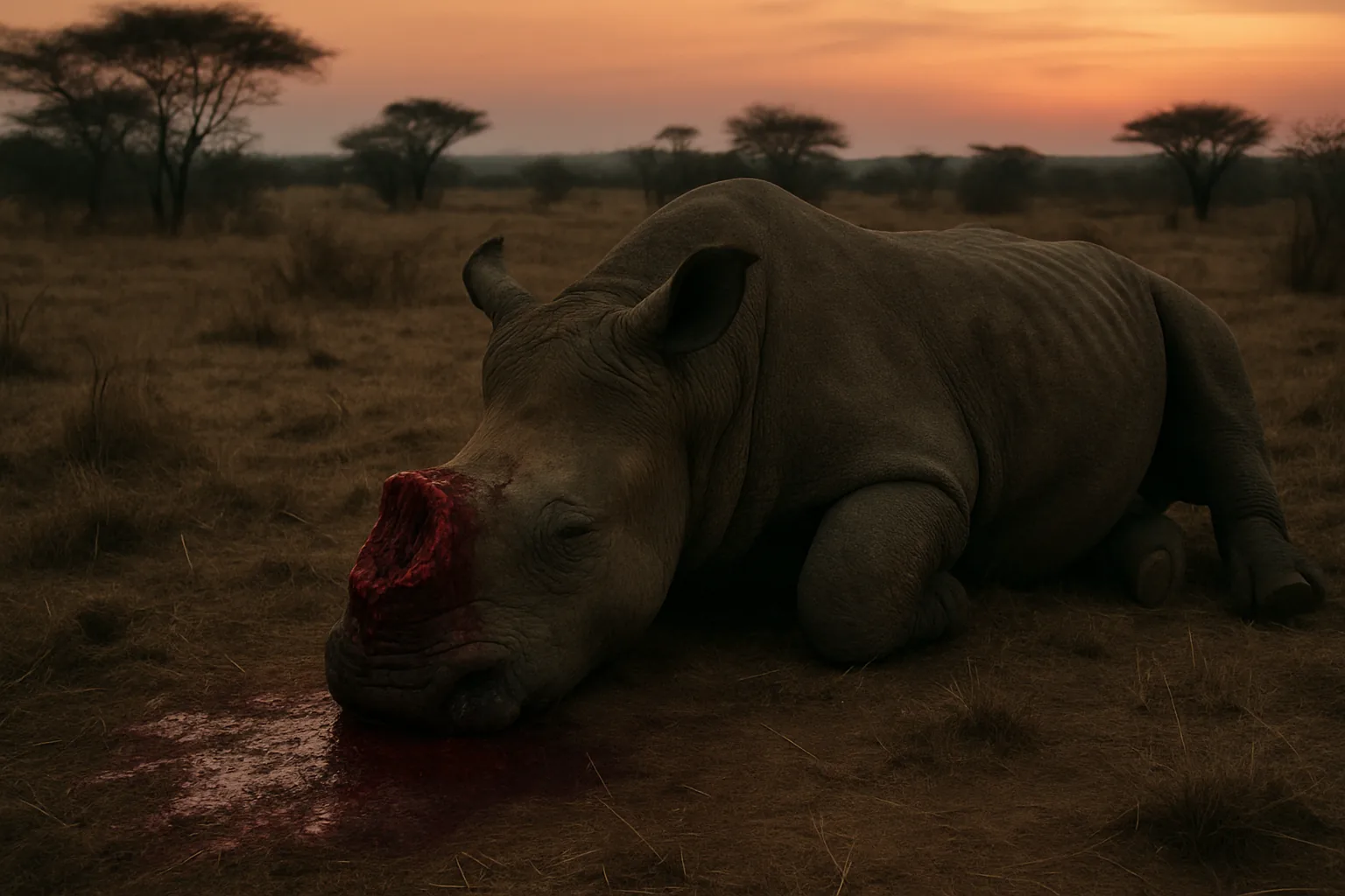 A poached rhinoceros lying in the savanna at dusk, its horn hacked away.
